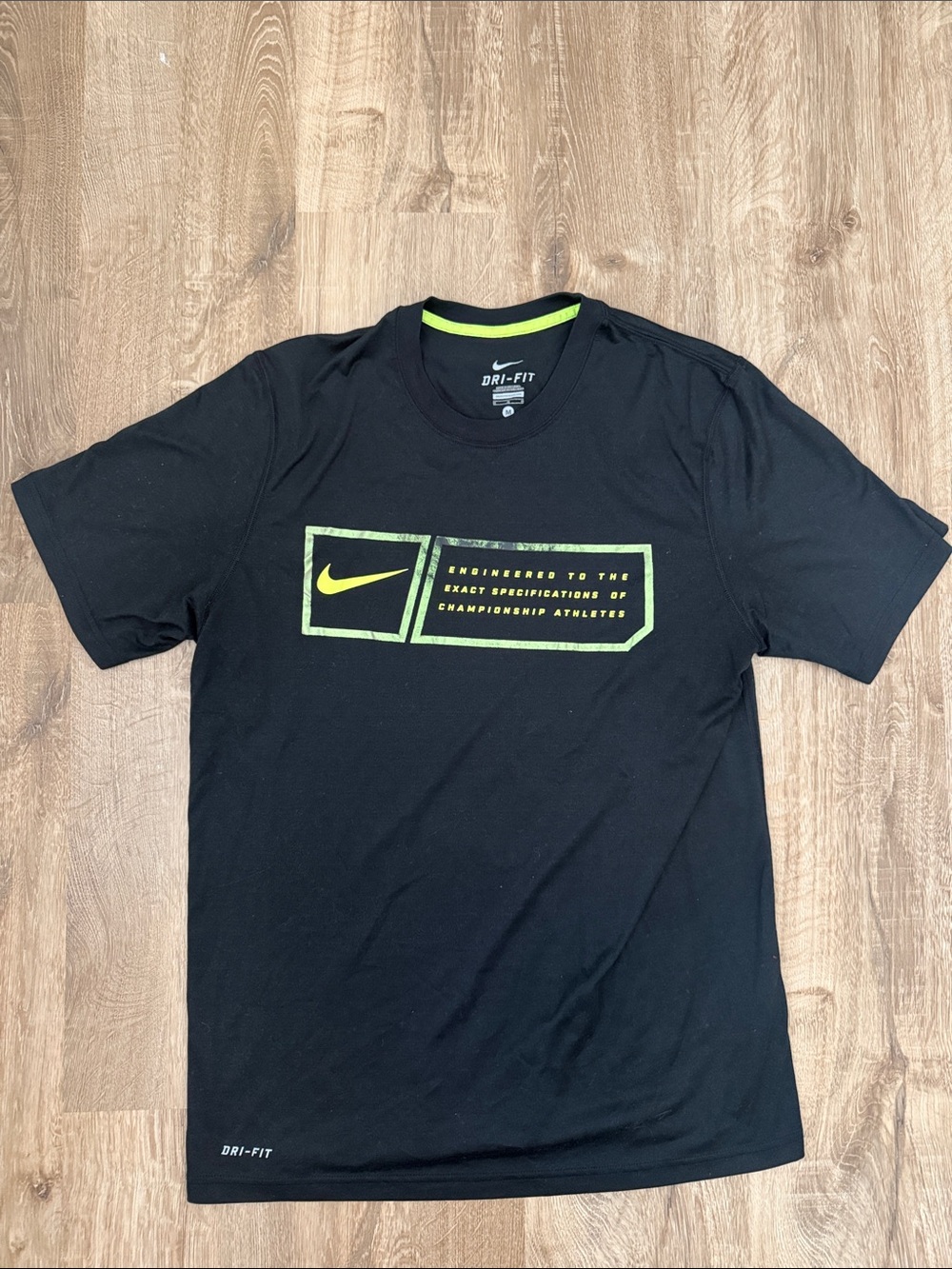 Nike Black Short-Sleeve Dri-FIT Tee with Neon Logo, Size Medium